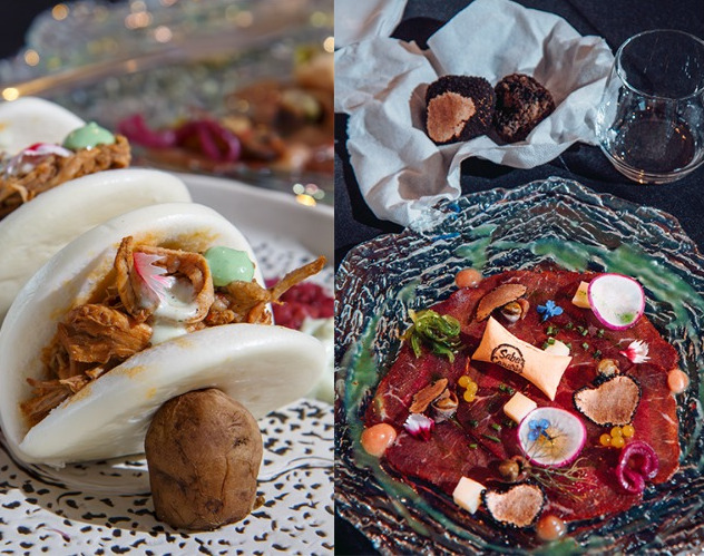 Bao-Brötchen mit Fleischfüllung und Thunfischtartar mit Garnituren auf Teneriffa.