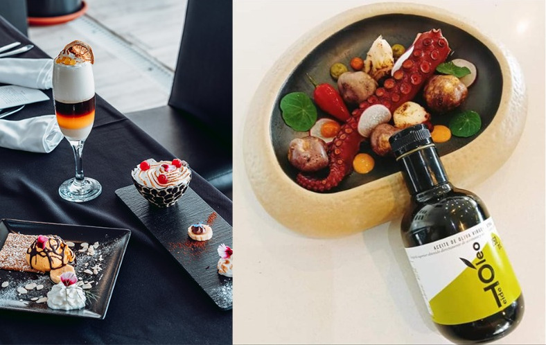 Gourmet-Dessert und eine Flasche Öl mit Oktopus und Gemüse auf einem Teller auf Teneriffa.