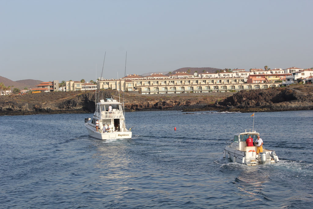 Boote auf See in Küstennähe auf Teneriffa, mit Gebäuden im Hintergrund.