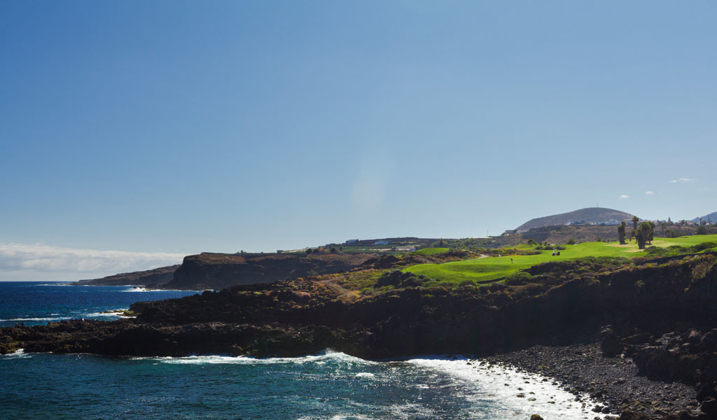 Felsige Küste und grüne Landschaft auf Teneriffa mit Blick auf das Meer unter klarem Himmel.