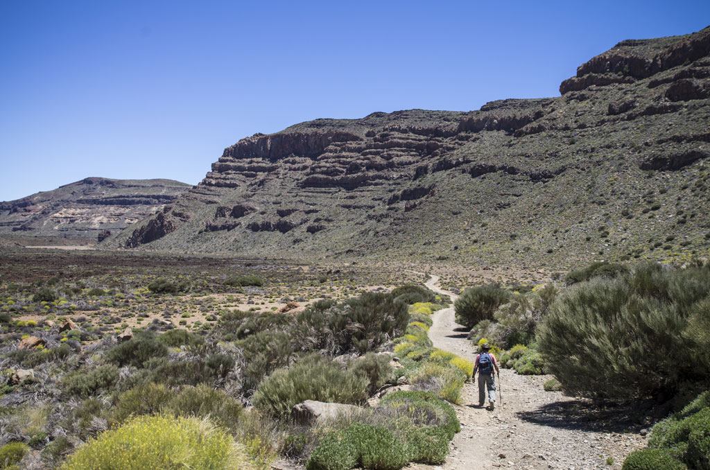 Bergiger Weg im Nationalpark Teide, Teneriffa, mit einer zu Fuß verbundenen Person.