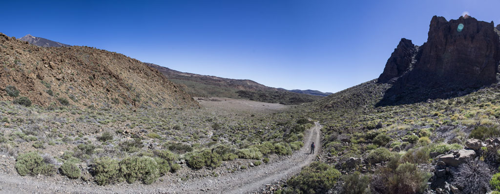 Schotterstraße, umgeben von Bergen und Vegetation im Nationalpark Teide, Teneriffa.