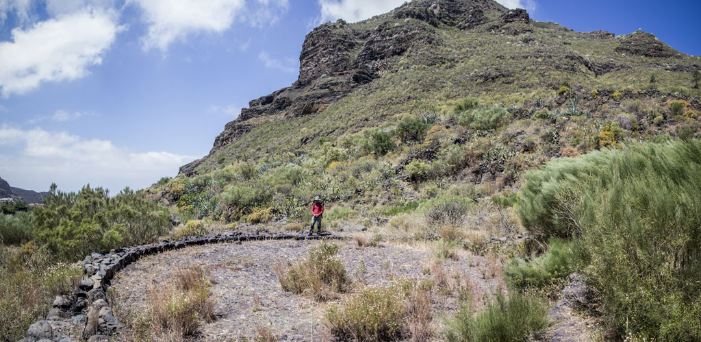 Bergweg im Teno Rural Park, Teneriffa, mit einem einzelnen Wanderer.