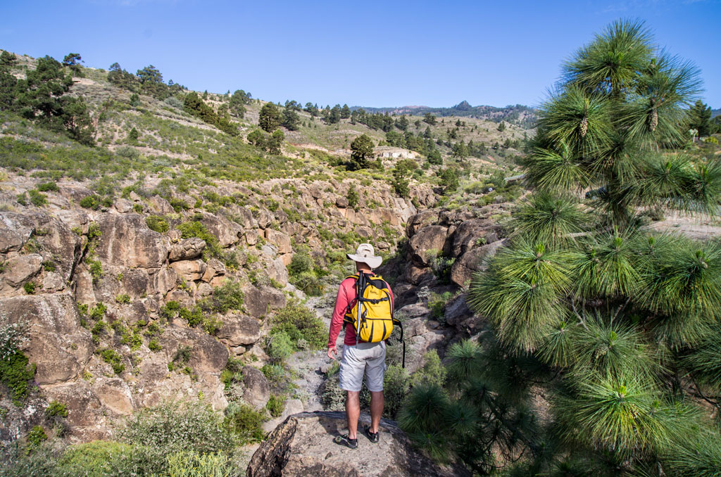 Person mit gelbem Rucksack, die die bergige Landschaft auf Teneriffa beobachtet.