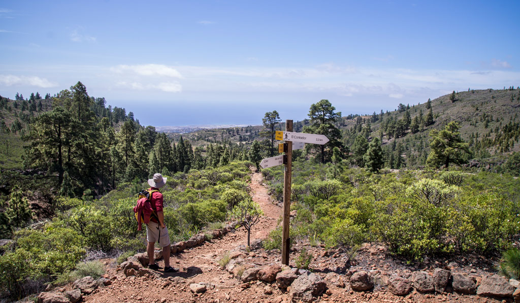 Person, die die Beschilderung auf dem Bergweg auf Teneriffa beobachtet.