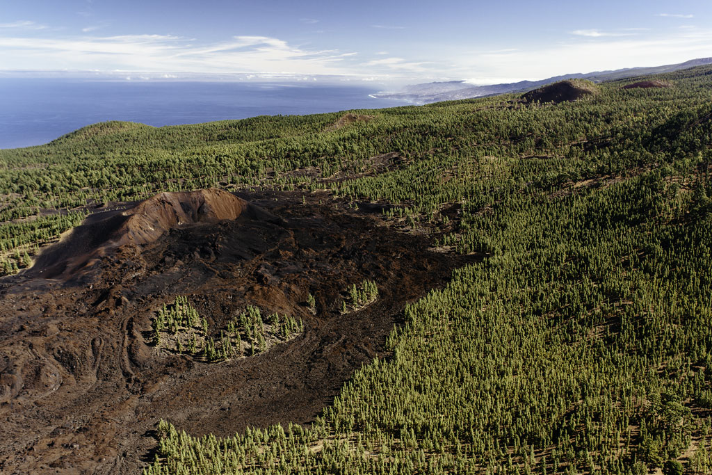 Vulkankrater, umgeben von Wald in La Palma, Teneriffa, mit dem Meer im Hintergrund.
