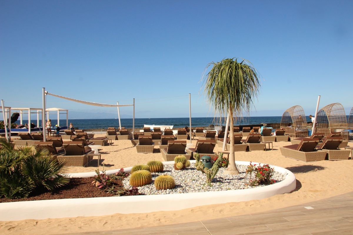 Strand mit Hängematten, Palmen und Kakteen auf Teneriffa. Meer im Hintergrund.
