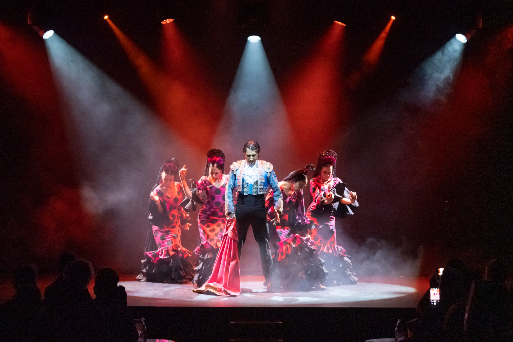 Flamenco-Tänzer treten unter Lichtern auf einer Bühne auf Teneriffa auf.