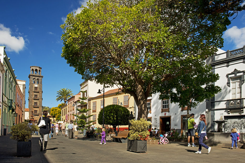 Straße mit Menschen, die in La Laguna, Teneriffa, spazieren gehen, mit Türmen und Bäumen.