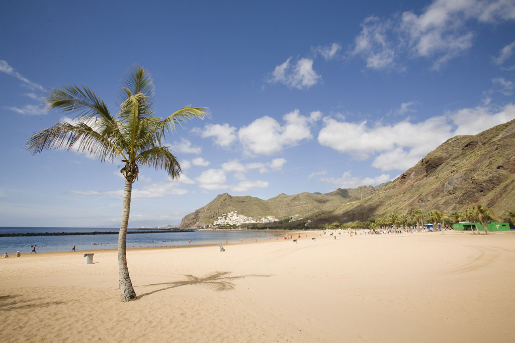Playa de las Teresitas auf Teneriffa mit Palmen und Hügeln im Hintergrund.