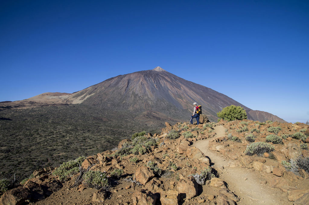 Wanderer im Nationalpark Teide, Teneriffa, mit dem Vulkan im Hintergrund.