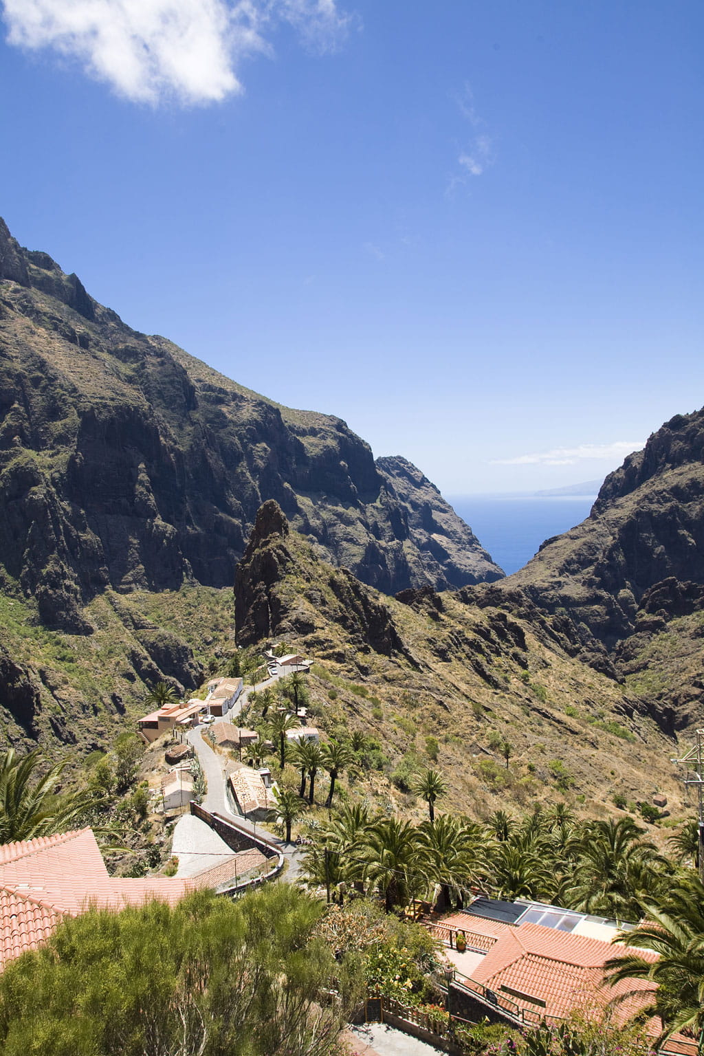 Tal und Häuser in der Masca-Schlucht auf Teneriffa, mit dem Meer im Hintergrund.