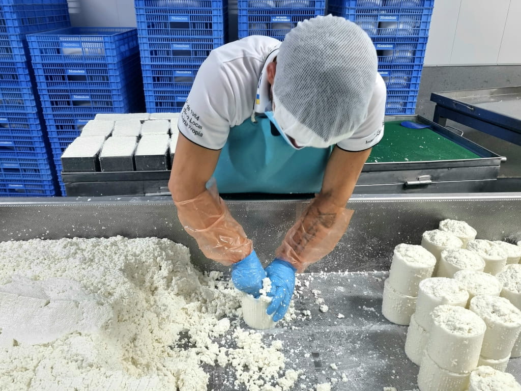 Person, die frischen Käse in einer Fabrik auf Teneriffa formt.