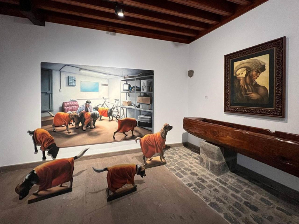 Hunde in orangefarbener Kleidung und Gemälde in einer Galerie in La Orotava.