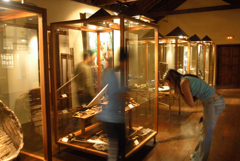 Ausstellung von Objekten in Vitrinen in einem Museum auf Teneriffa, die Besucher beobachten.