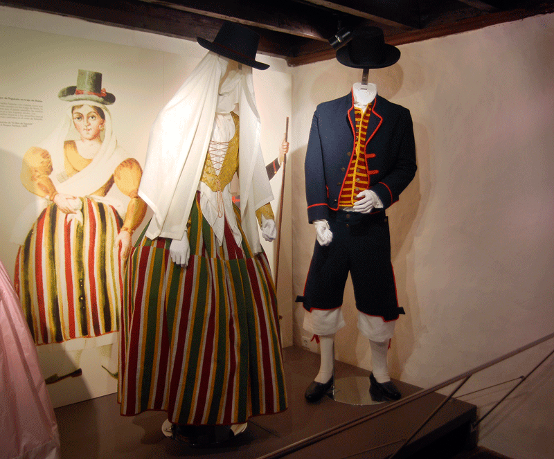 Typische Trachten von Teneriffa sind ausgestellt, mit historischer Illustration im Hintergrund.
