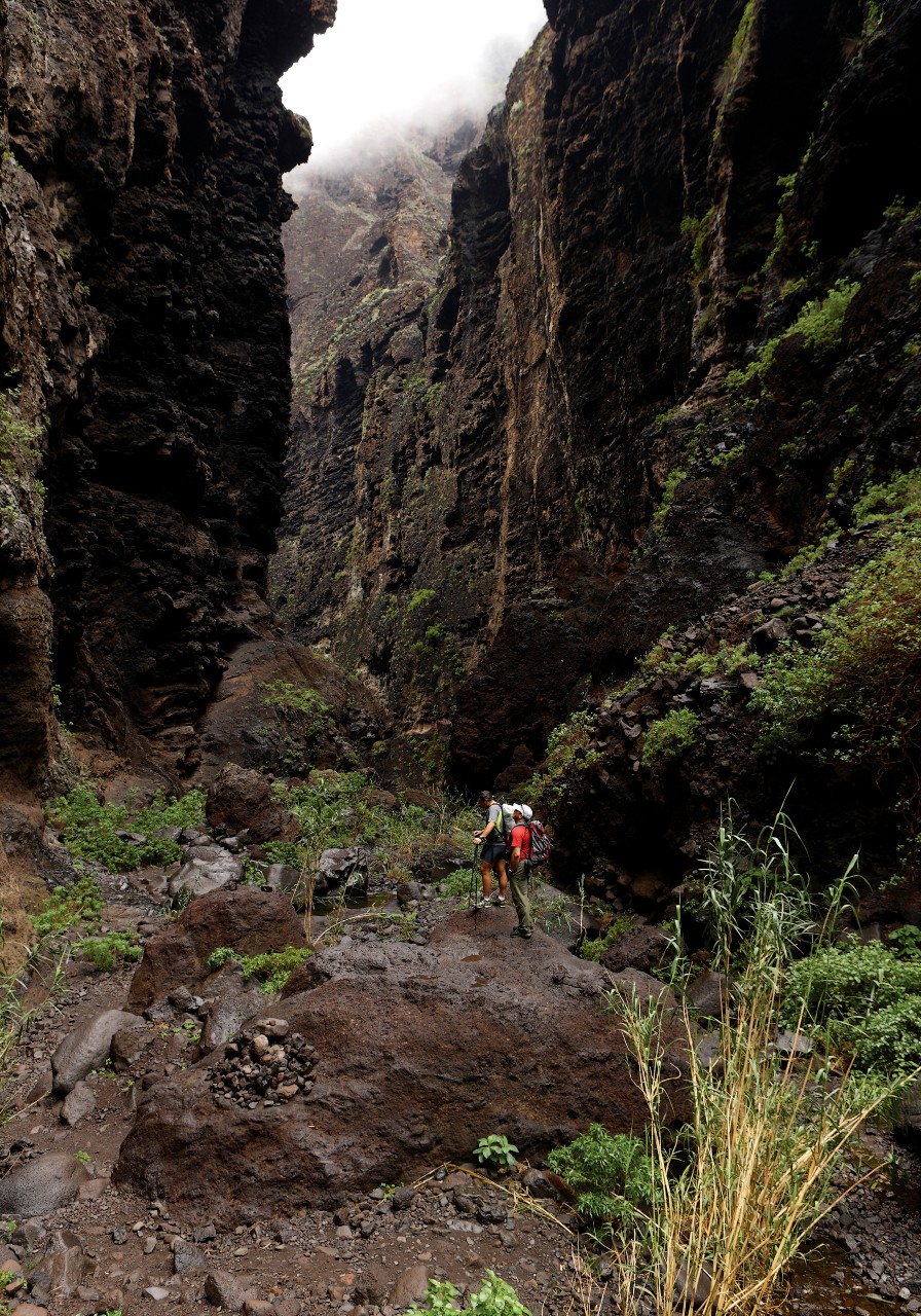 Zwei Personen gehen durch den Barranco de Masca auf Teneriffa, umgeben von hohen Felswänden.