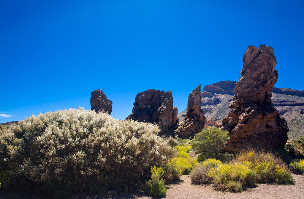 Vulkanische Gesteine unter blauem Himmel im Nationalpark Teide, Teneriffa.